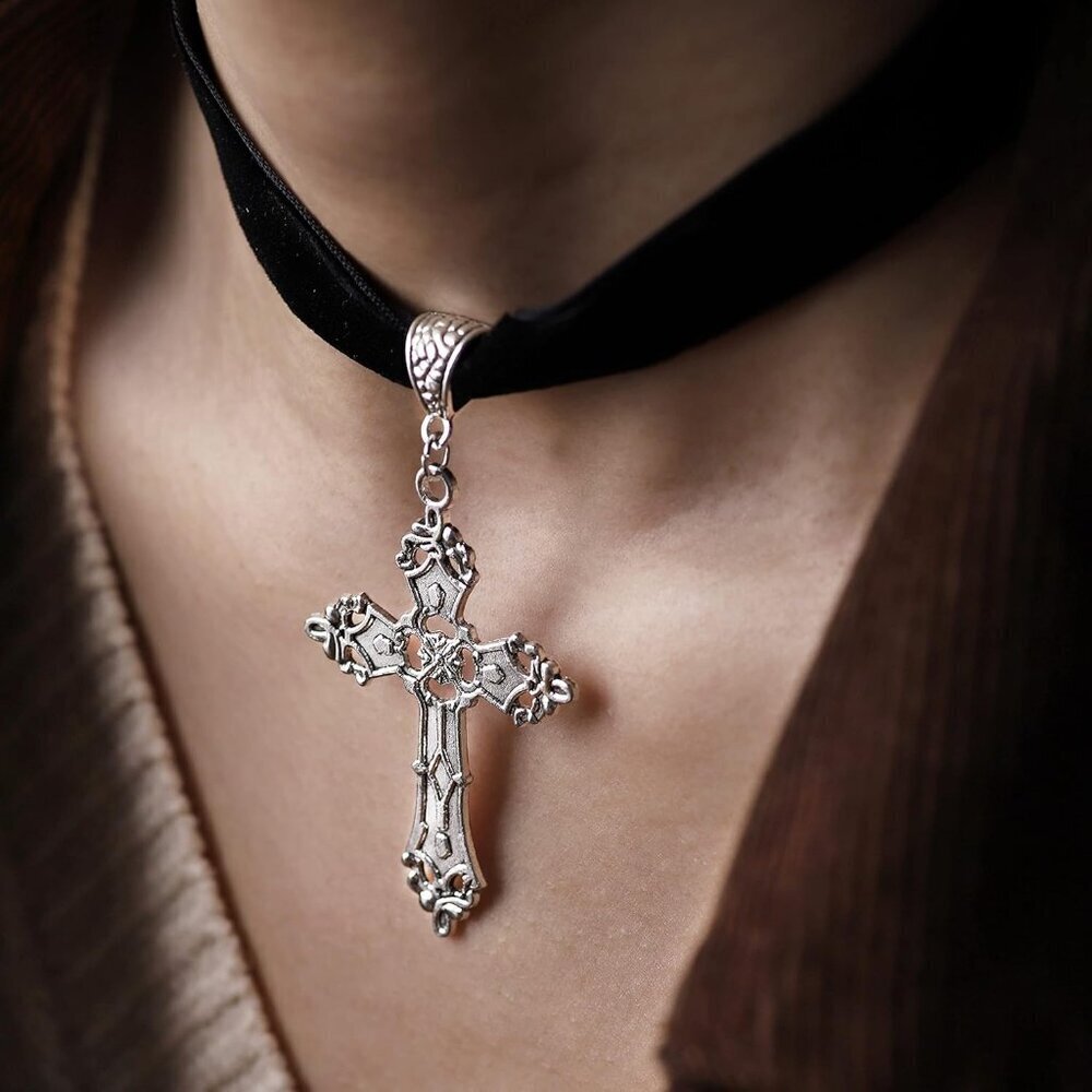 Gothic Cross Necklace Zinc Alloy Black Pendant Choker Jewelry Gift for Women - Picture 3 of 7